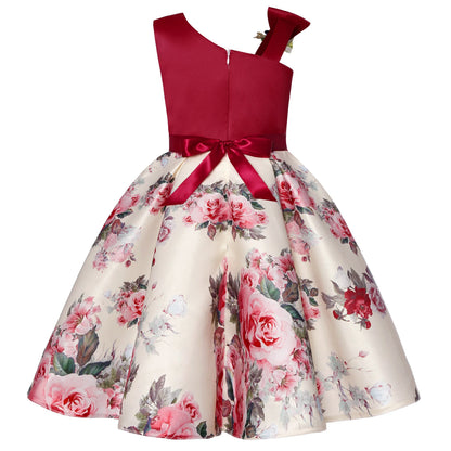 Off-the-Shoulder Dress European and American Princess Dress Girls' Printed Formal Dress Children's Hostess Dress