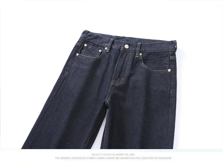 Men's Japanese Handmade Embroidered Cotton Jeans Straight Tube Slim Fit Hip-Hop Trousers Red Ear Detail Devil Big M Golden Text