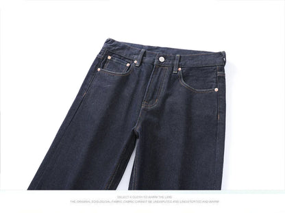 Men's Japanese Handmade Embroidered Cotton Jeans Straight Tube Slim Fit Hip-Hop Trousers Red Ear Detail Devil Big M Golden Text