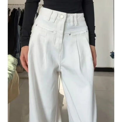 Autumn Spring Denim Pant Women Jeans Vintage Straight Trousers Fashion Female White Black Wide Leg Pants Casual Jeans