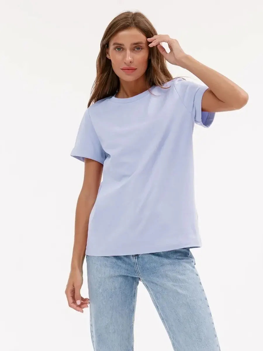 Summer 100% Cotton Women's T-shirt Bottoming Basic Fashionable Solid Lady Short Sleeve Loose Tops Shirts 230g/㎡ Tops