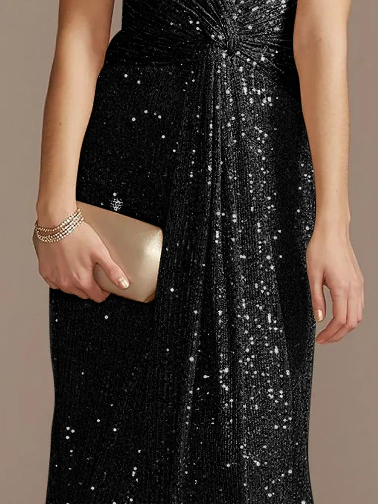 Luxury Floor Length V-Neck Evening Dresses Women Elegant Wedding Party Maxi Dress Sequins Short Sleeves Prom Cocktail Gowns