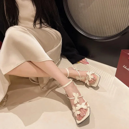2025 Summer Butterfly Women's High Heel Sandals Square Toe Buckle Casual  Shoes Elegant Stiletto Heel Ankle Strap Party