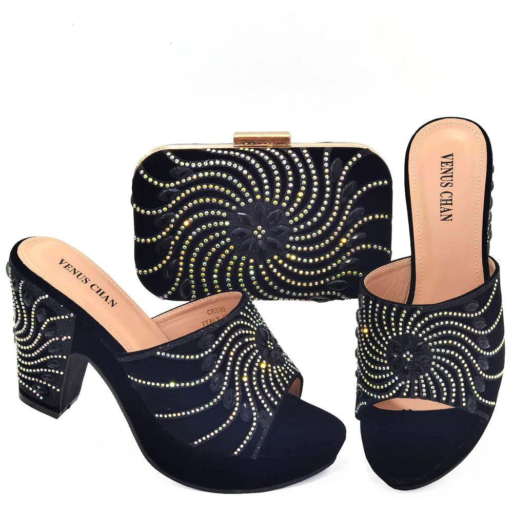 Women's Shoes High Heels Sexy Ladies Party Wedding Pattern Embroidery Mules Shoes and Bags Set for Italian