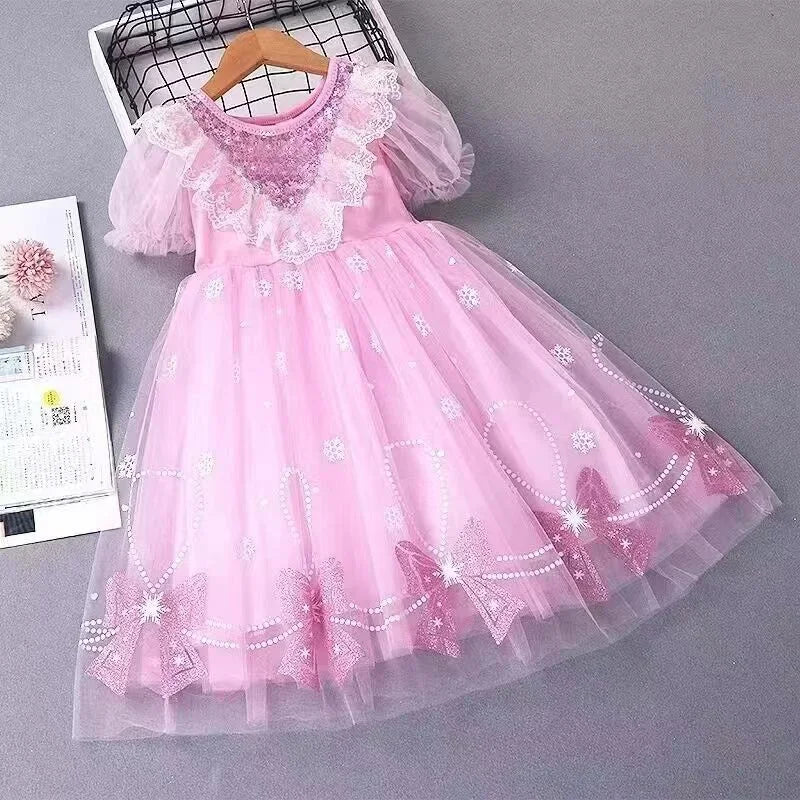 Summer Girls Tulle Dress Princess Sequined Puff Mesh Gown Kids Birthday Party Vestidos Children Casual Fashion Clothes 2-10Y