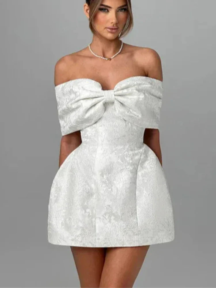 Fashionable And Sweet Slim Fit Jacquard Strapless Tie Bow One Shoulder Short Skirt American Sexy Temperament Solid Color Dresses