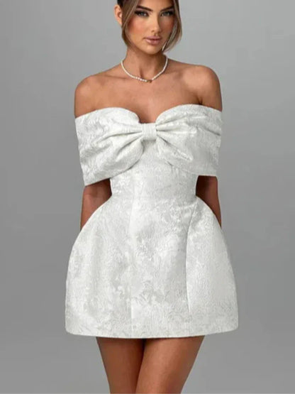 Fashionable And Sweet Slim Fit Jacquard Strapless Tie Bow One Shoulder Short Skirt American Sexy Temperament Solid Color Dresses