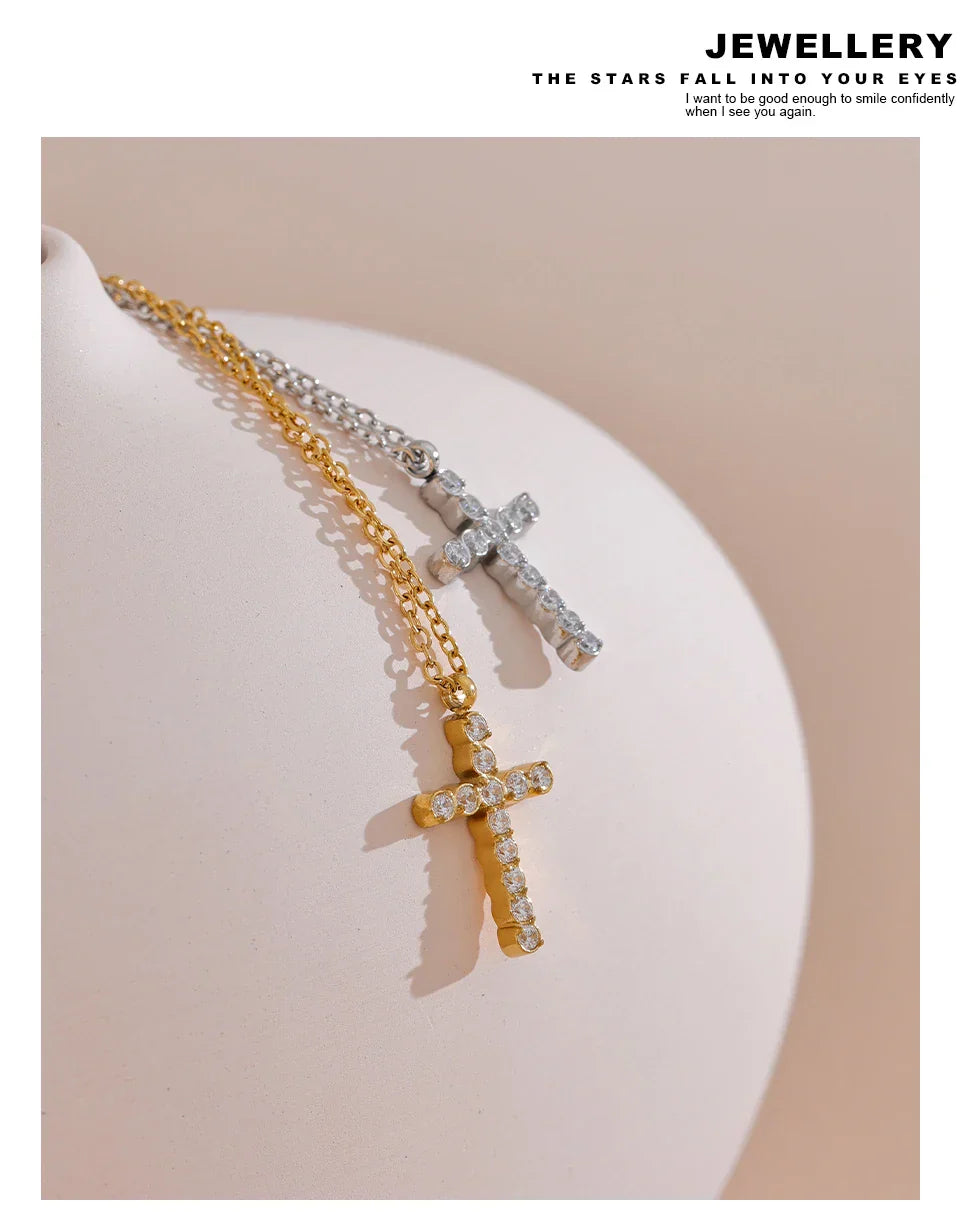 Delicate Shiny Cubic Zirconia 316L Cross Pendant Necklace for Women Stainless Steel High Quality Jewelry Water Resistant