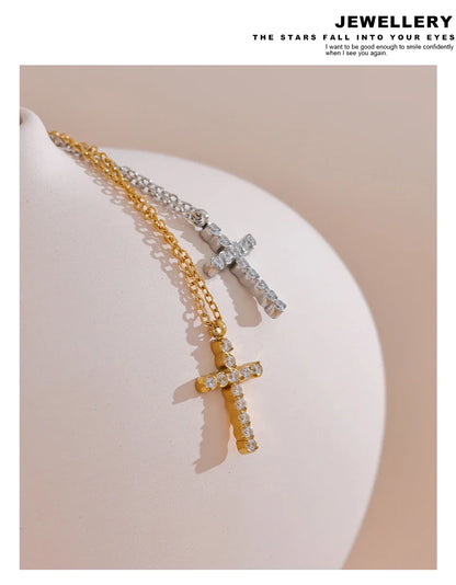 Delicate Shiny Cubic Zirconia 316L Cross Pendant Necklace for Women Stainless Steel High Quality Jewelry Water Resistant