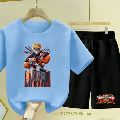Naruto Leisure Set - Cartoon Print Breathable Children's Short-Sleeved T-Shirt Perfect for Dressing Up with Loose Sports Shorts