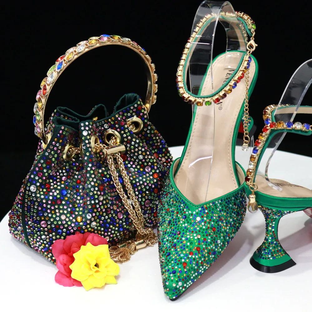 Pointed Shoes Bag Soft Handle Bag Anklet Design Medium Heel Ladies Shoes Suitable for Wedding Party