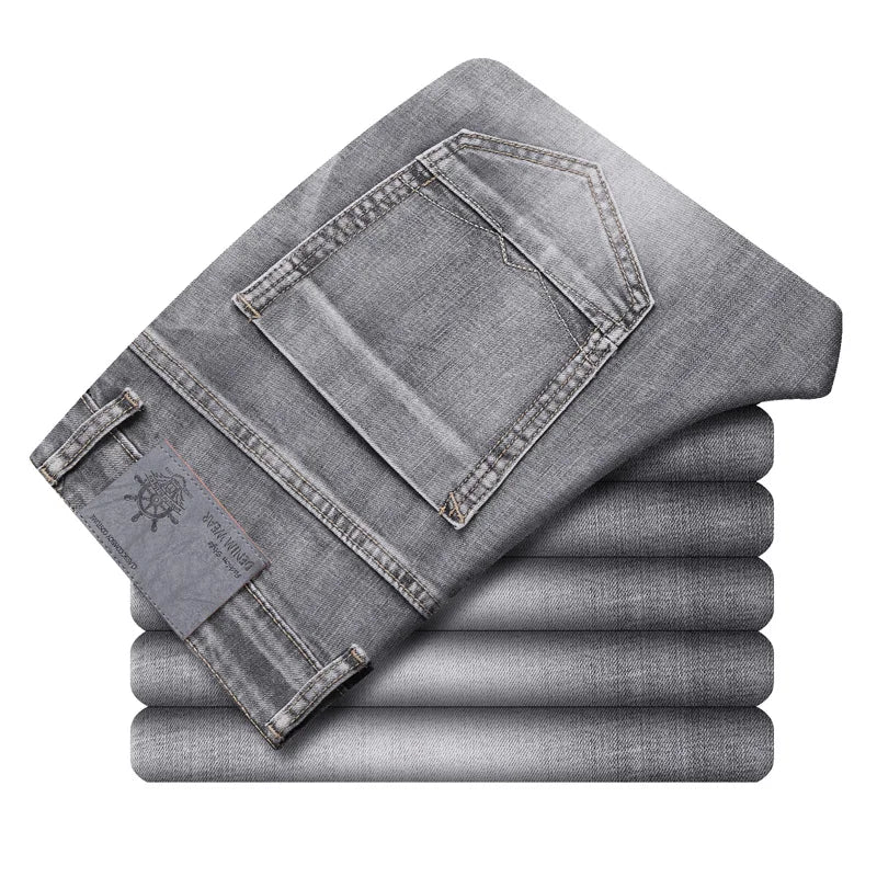 2022 Autumn Spring Fitted Straight Stretch Denim  Classic Style Badge Youth Men's Business Casual Jeans Trousers