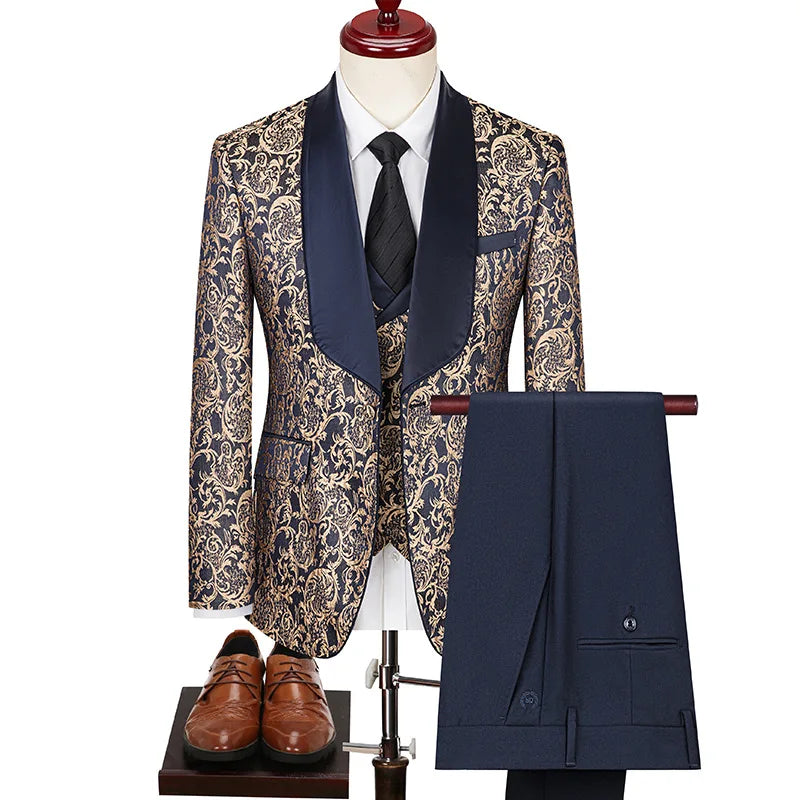2025 New Large-Sized Jacquard Men's Suit for Wedding Dress, Groom's Suit Set, Host's Performance Costume