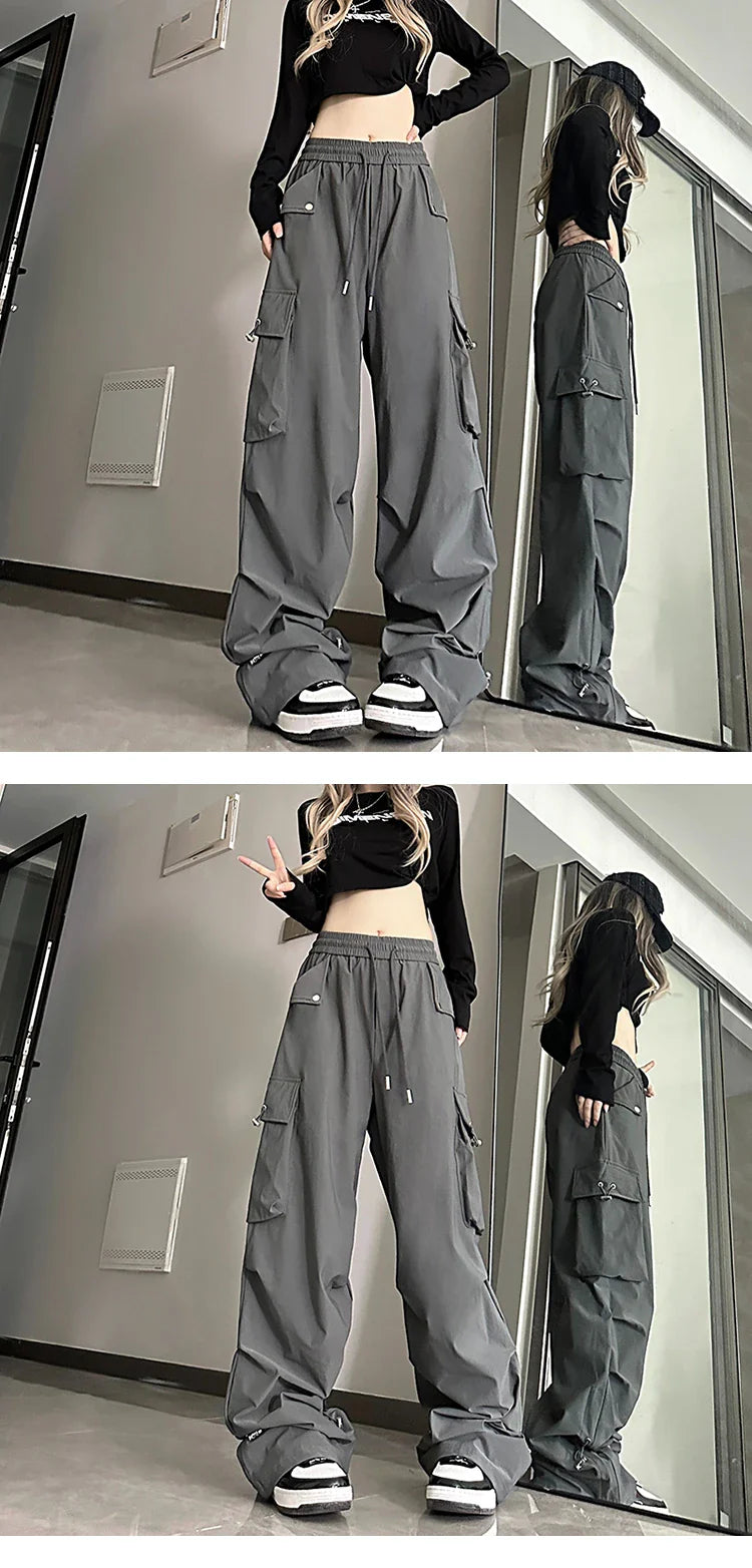 2026 New American Style Large Pocket Cargo Pants Women's Spring Summer Wide Leg Pants Loose Slimming Casual Sports Pants