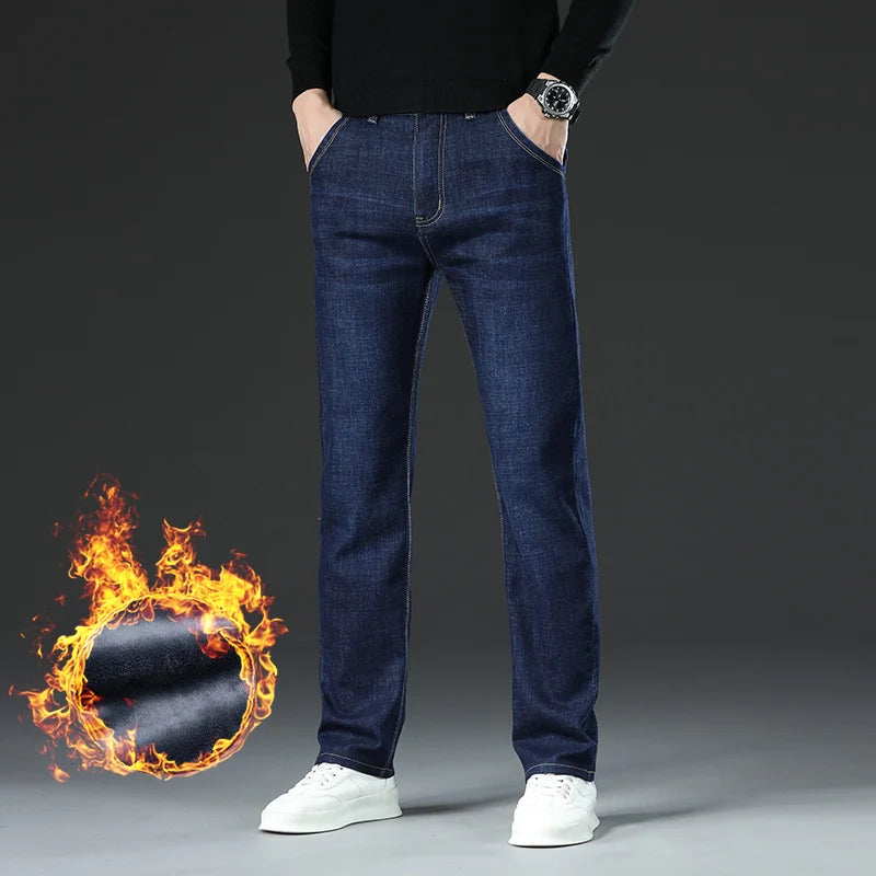 28-40 Large Size Winter Men Plush Thick Fleece Trouser Lambswool Thermal Jeans Casual Pants Windproof Warm Cotton Denim Pants
