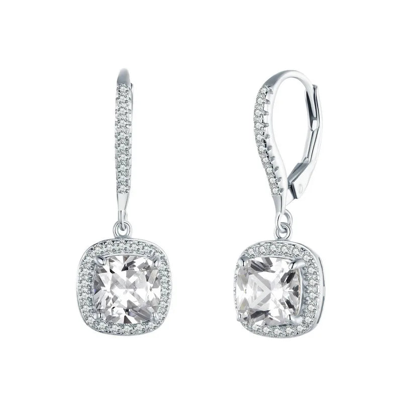 Authentic 925 Sterling Silver Dazzling CZ Square Geometric Drop Earrings for Women 14K Gold Plated Wedding Jewelry SCE520