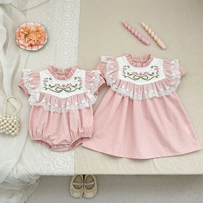 2026 New Summer Sister Clothing Short Sleeved Cotton Embroidery Kids Princess Dress 2-6Y Baby Girl Birthday Party Lace Dress
