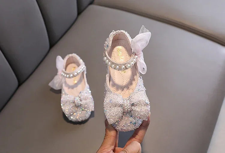 Toddler Girl's Princess Shoes Sequins Lace Bowknot 21-36 Children Mary Janes Three Colors Luxury Trendy Party Kids Shoes Flats