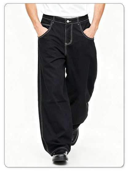 Spring Summer Men's Retro Black Baggy Wide Leg Jeans American Basic Unisex Daily Casual Denim Pants Women's Black Stacked Jeans