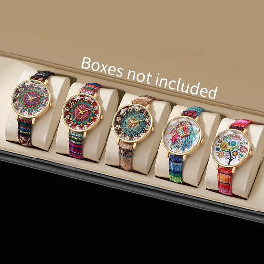 1/2/3/5PCS Fashion Women Watches Vintage Flowers Printed PU Strap Quartz Watch for Women Clock Gift Reloj Mujer（Without Box）