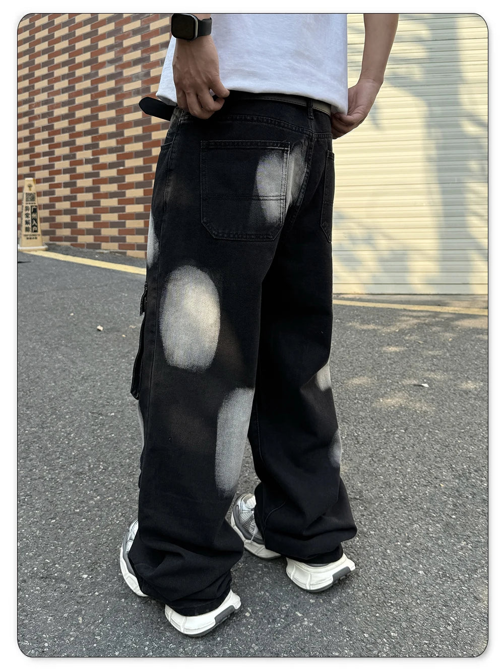 2026 Spring Summer Men's Black Straight Leg Workwear Jeans With Multiple Pockets High Street Style Splashed Ink Male Denim Pants