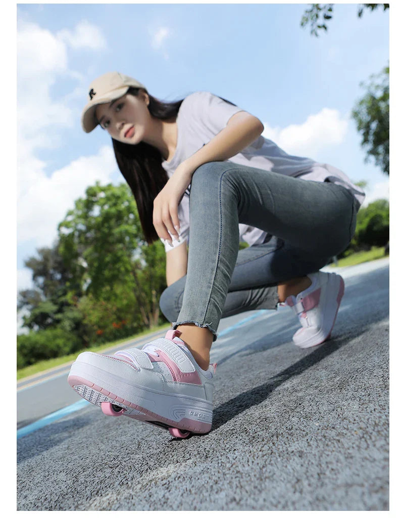 Autumn 2025 Kids Walking Shoes Detachable Double Wheel Roller Skates Boy Leather Student Shoe Four Wheeled Children Shoes Girl
