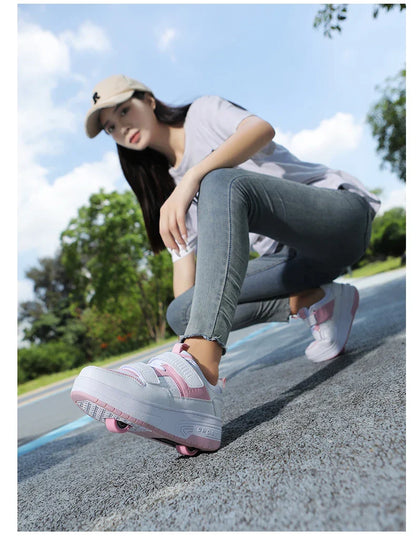 Autumn 2025 Kids Walking Shoes Detachable Double Wheel Roller Skates Boy Leather Student Shoe Four Wheeled Children Shoes Girl