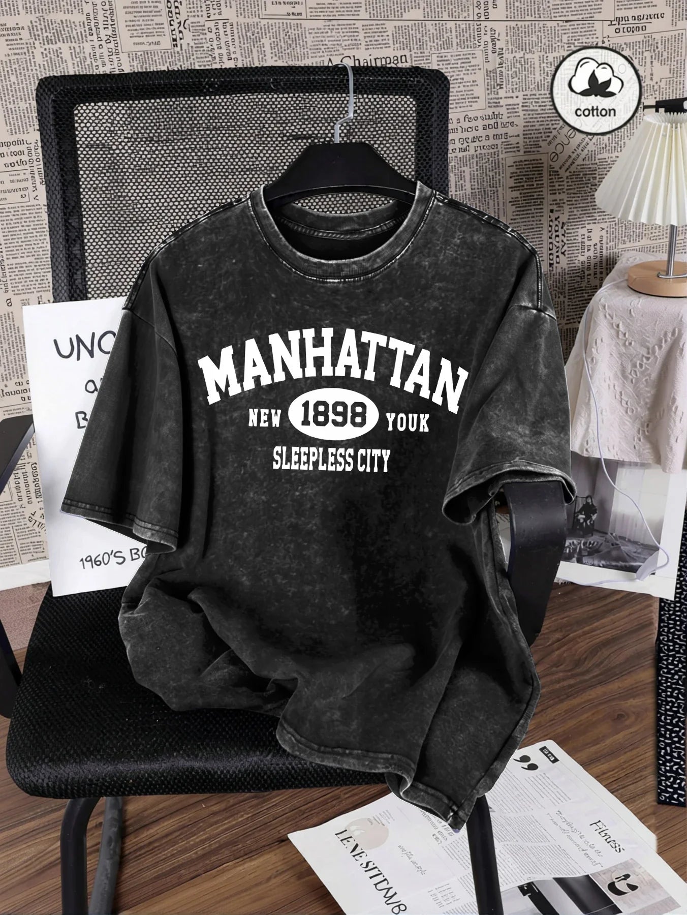 Manhattan New York Sleepless City Print Washed T Shirt Man Summer O-Neck Retro T-Shirts Fashion Cotton All-Match Top Unisex Tee