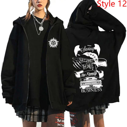 New Supernatural Printed Zipper Hooded Fashion Women Men Sweatshirt Casual Sport Hoodie Personality Zipper Long Sleeve Coat