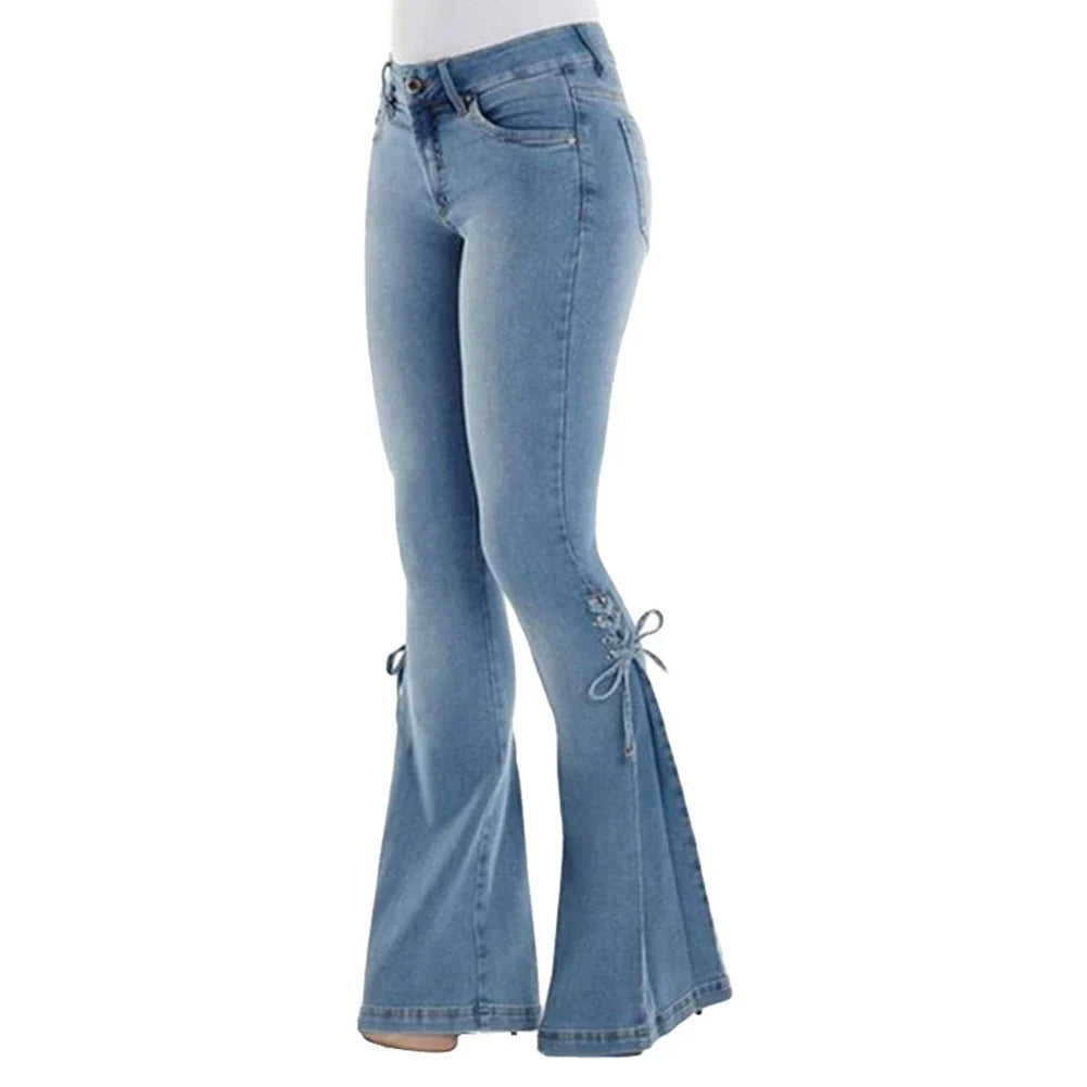 Mid Waisted Stretch Flare Jeans Women Denim Pants