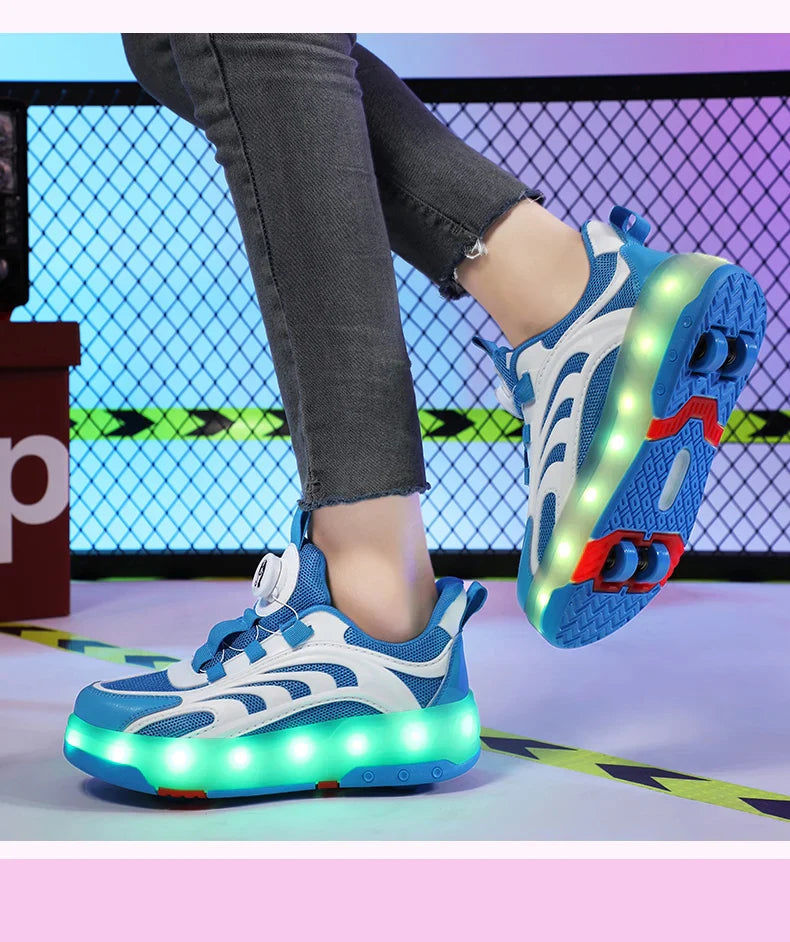New Kids Wheels Roller Skate Shoes Boys Girls Swivel Buckle LED Light Luminous rechargeable Outdoor Children's Casual Sneakers