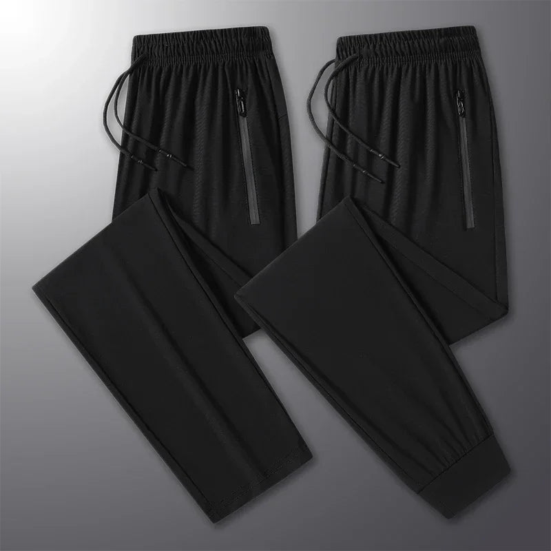 New High-quality Ice Silk Men Casual Straight Leg Pants Two-piece Set For Summer Lightweight Breathable Outdoor Sports Leggings