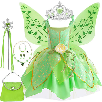 Elf Movie Tinker Bell Girls Play Fairy Dress Green Suspender Skirt With Wings and Flower Christmas Gift for Girls