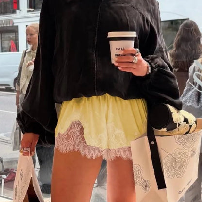 Women Satin Silk Boxers Shorts Y2k Lace Trim Micro Mini Pajama Shorts Knickers Low Rise Lounge Slip Pj Bottoms Streetwear