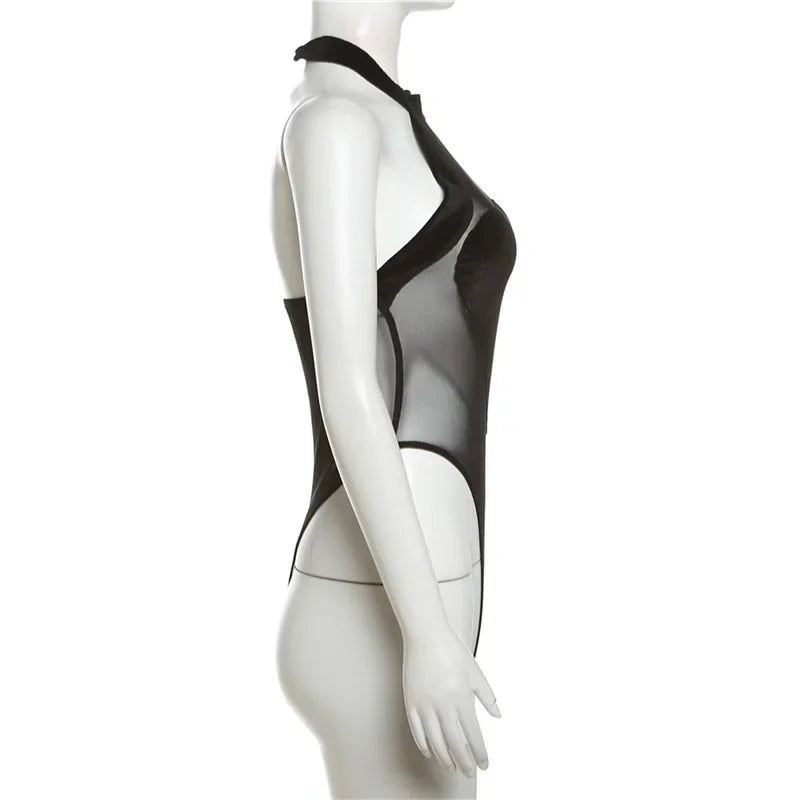 Flocking Heart Sexy Bodysuit Lingerie See Through Mesh One-pieces Body Feminino Sleeveless Bustier Black Tops Women Neck-mounted