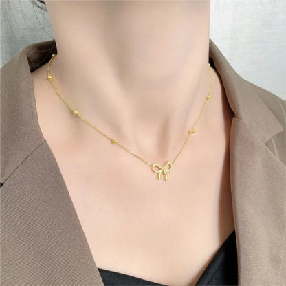 Stainless Steel Beads Chain Hollow Bowknot Pendant Necklace for Women Niche Simple Jewery Accessory