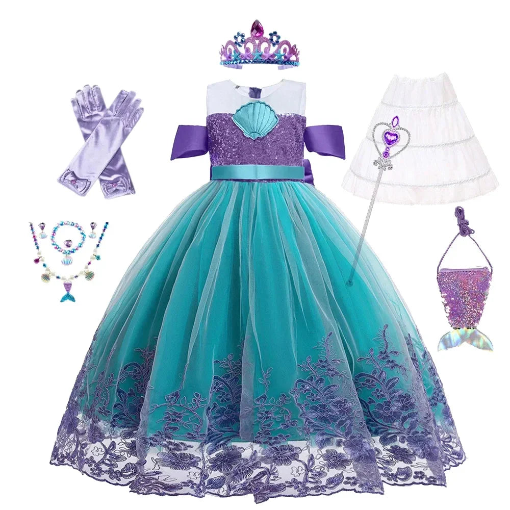 Vestido Ariel Pequena Sereia Princesa Fofa Menina Fantasia Cosplay Infantil Roupa de Festa Aniversário Halloween Vestido de Verão Menina