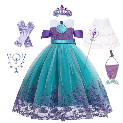 Vestido Ariel Pequena Sereia Princesa Fofa Menina Fantasia Cosplay Infantil Roupa de Festa Aniversário Halloween Vestido de Verão Menina