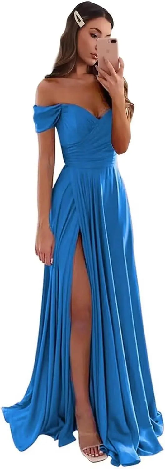 Women's Satin Prom Dresses Long Slit Formal Dresses Off Shoulder Evening Wedding Party Gowns Ruched Sweetheart Lace up Back