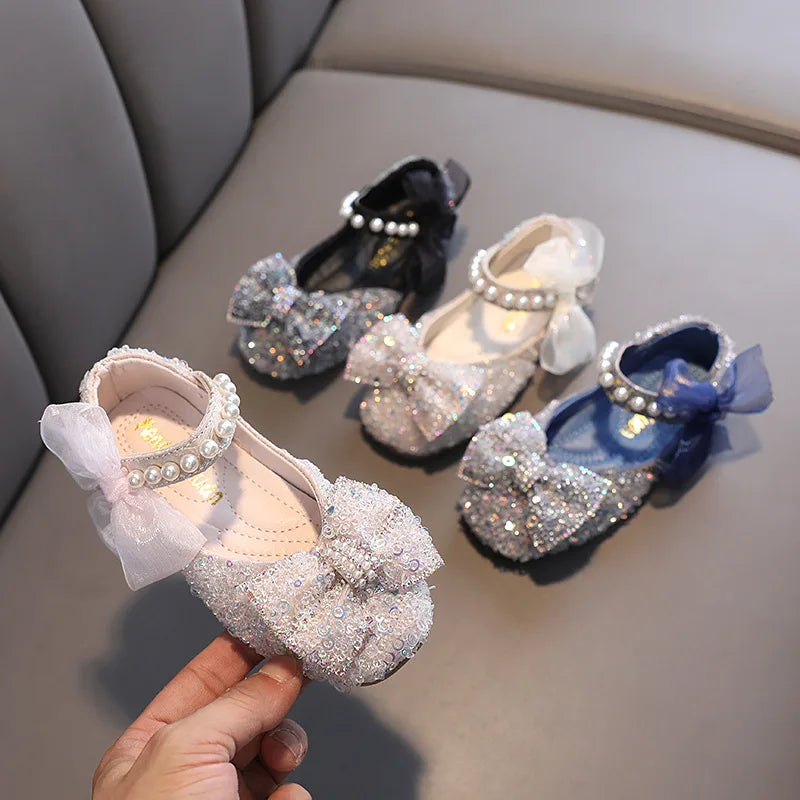 Toddler Girl's Princess Shoes Sequins Lace Bowknot 21-36 Children Mary Janes Three Colors Luxury Trendy Party Kids Shoes Flats
