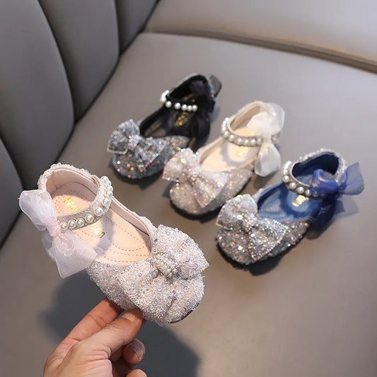 Toddler Girl's Princess Shoes Sequins Lace Bowknot 21-36 Children Mary Janes Three Colors Luxury Trendy Party Kids Shoes Flats