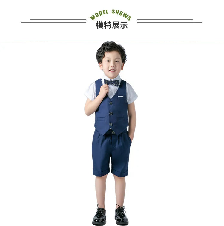 Boys Formal Birthday Photograph Suit Kids Summer Vest Shirt Short Bowtie Wedding Dress Teenager Suit Children Graduation Costume