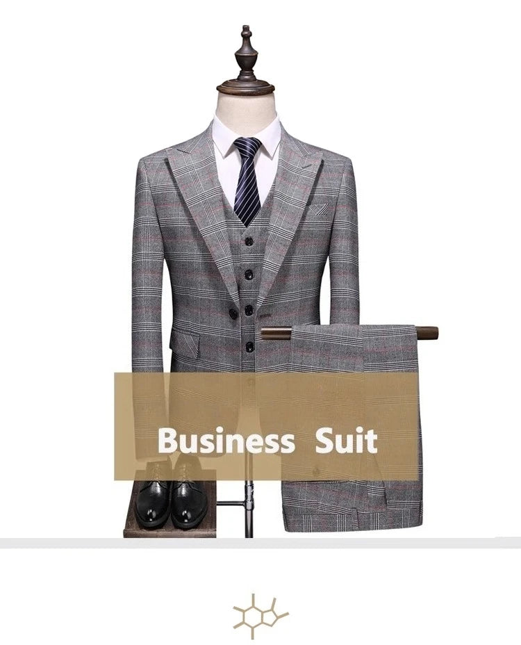 (  Blazer + Vest + Pants ) High-end Brand Gray Plaid Mens Formal Business Office Suit Three-piece Groom Wedding Dress Party Suit