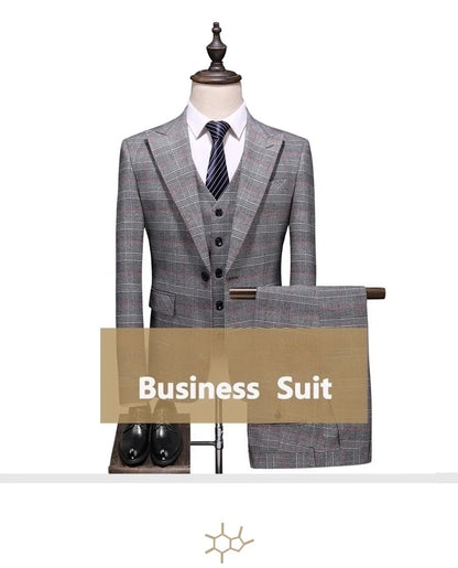 (  Blazer + Vest + Pants ) High-end Brand Gray Plaid Mens Formal Business Office Suit Three-piece Groom Wedding Dress Party Suit