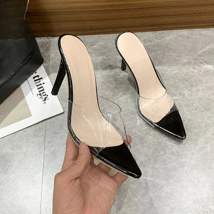 Trendy Sexy Heeled Ladies Pointed Open Toe Slip on Party Stiletto High Heel Clear Mule Slides Woman Nude Transparent Shoes