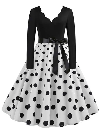 Women Vintage Long Sleeve Polka Dot Dress Spring Autumn New Year Party Dresses 3XL Black Vestidos