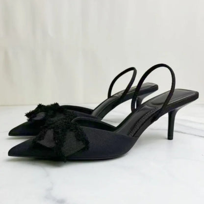 2025 Summer Women Slingback Shoes Black Bow Decoration Pointed Toe High Heels Formal Business Stiletto Female Party Sandals