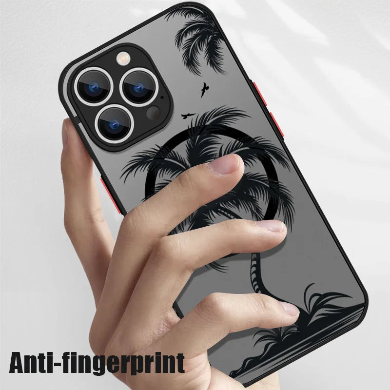 Magnetic Coconut Palm Pattern Case For iPhone 15 14 Pro Max 13 12 11 16 For Magsafe Wireless Charge Matte Hard Back Cover Fundas
