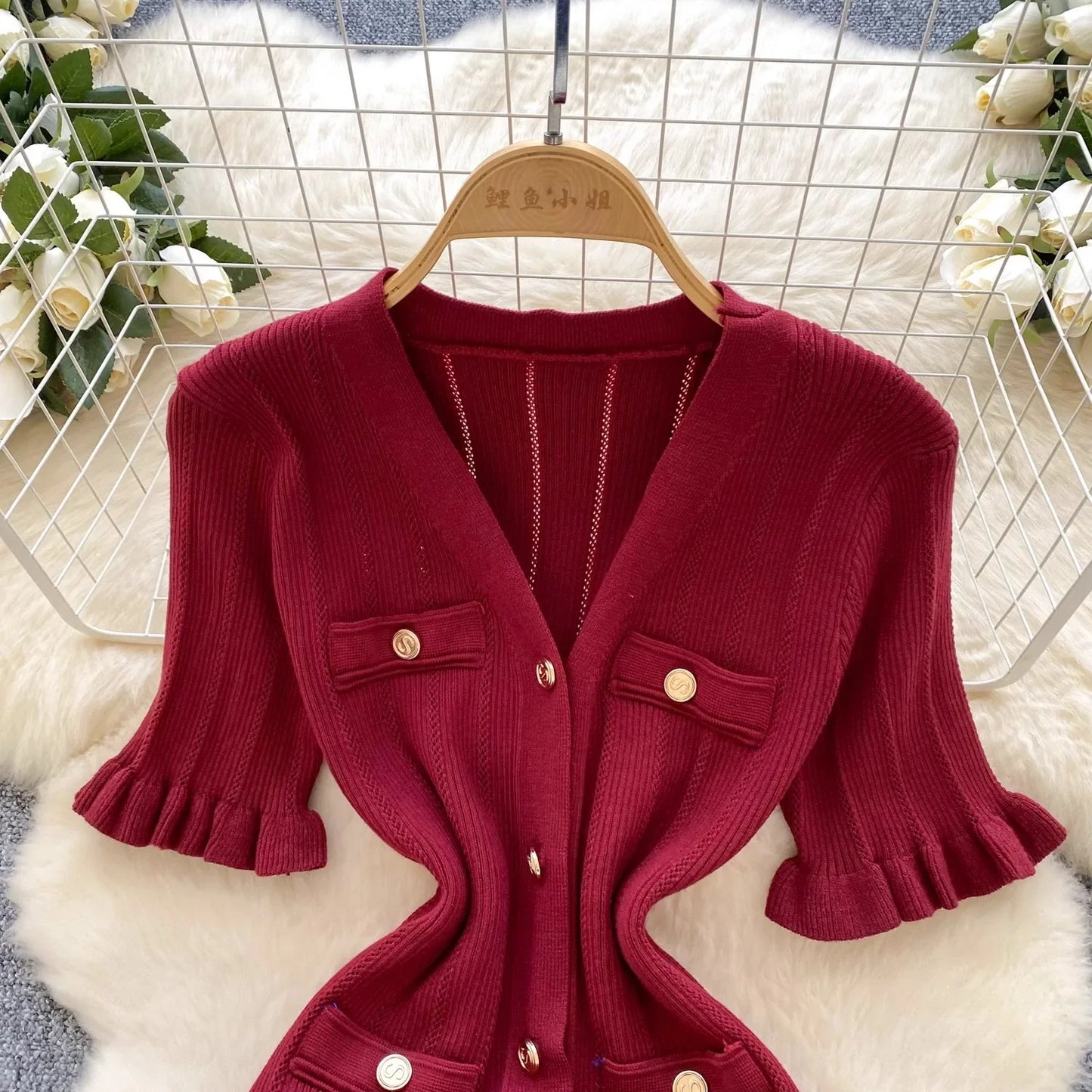 Fashion Vintage Knitted Long Dress Spring Summer Women Elegant V-neck Ruffled Bodycon Sweater Dress Party Vestido