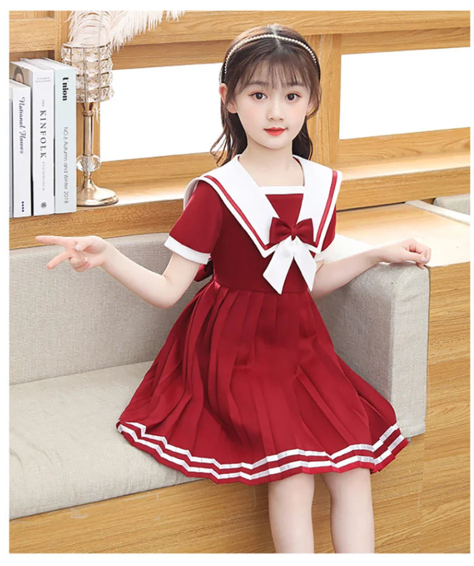 Short Sleeve Solid Color Sailor Collar Dress Girls Princess Style Birthdays Party Dress Girls Casual Dresses